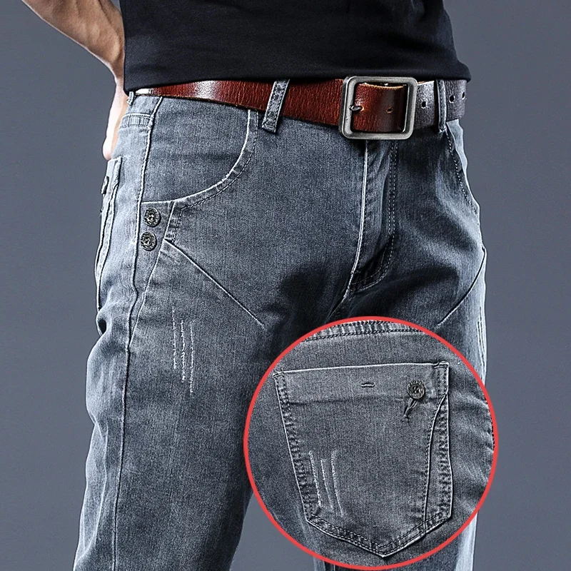 Neue Graue Dünne Jeans männer Dünne Elastische Koreanische Mode Vintage Casual Füße Männliche Kleidung Denim Hosen 27-36