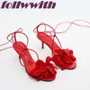 Damen-Schuhe, einfarbig, rote Blumen, zum Schnüren, einzigartige sexy Sandalen, Kreuz gebunden,