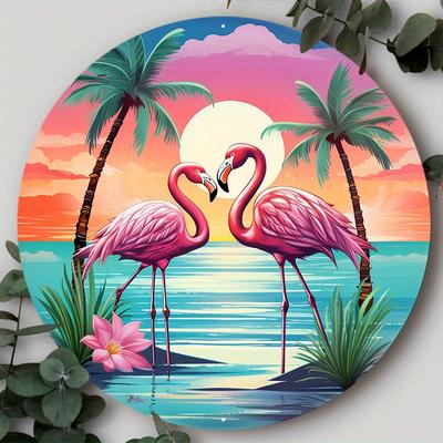 1pc 8x8inch Aluminum Metal Sign Valentine's Day Sign A Round Disc With A Beach Theme Featuring Flamingos And Seashells With A Palm Tree, Dr Suitable For Various Scenarios