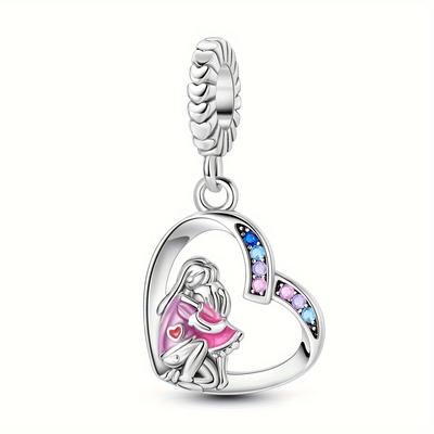 1pc 925 Silver Plated Warm Love Hug Mom Daughter Hollow Heart Pink Enamel Pendant Beads Charm Fit Original Bracelet Necklace Beads Diy Jewelry Mother's Day Gift