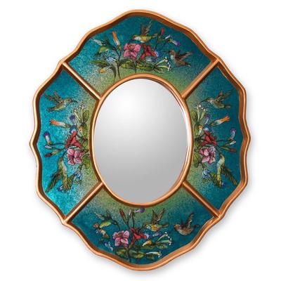 Turquoise Hummingbirds,'Unique Peruvian Wood Glass Bird Mirror'