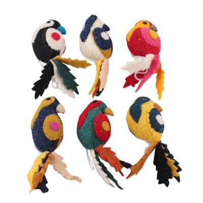 Parakeet Greetings,'Set of 6 Wool Felt Parakeet Ornaments Handcrafted in India'