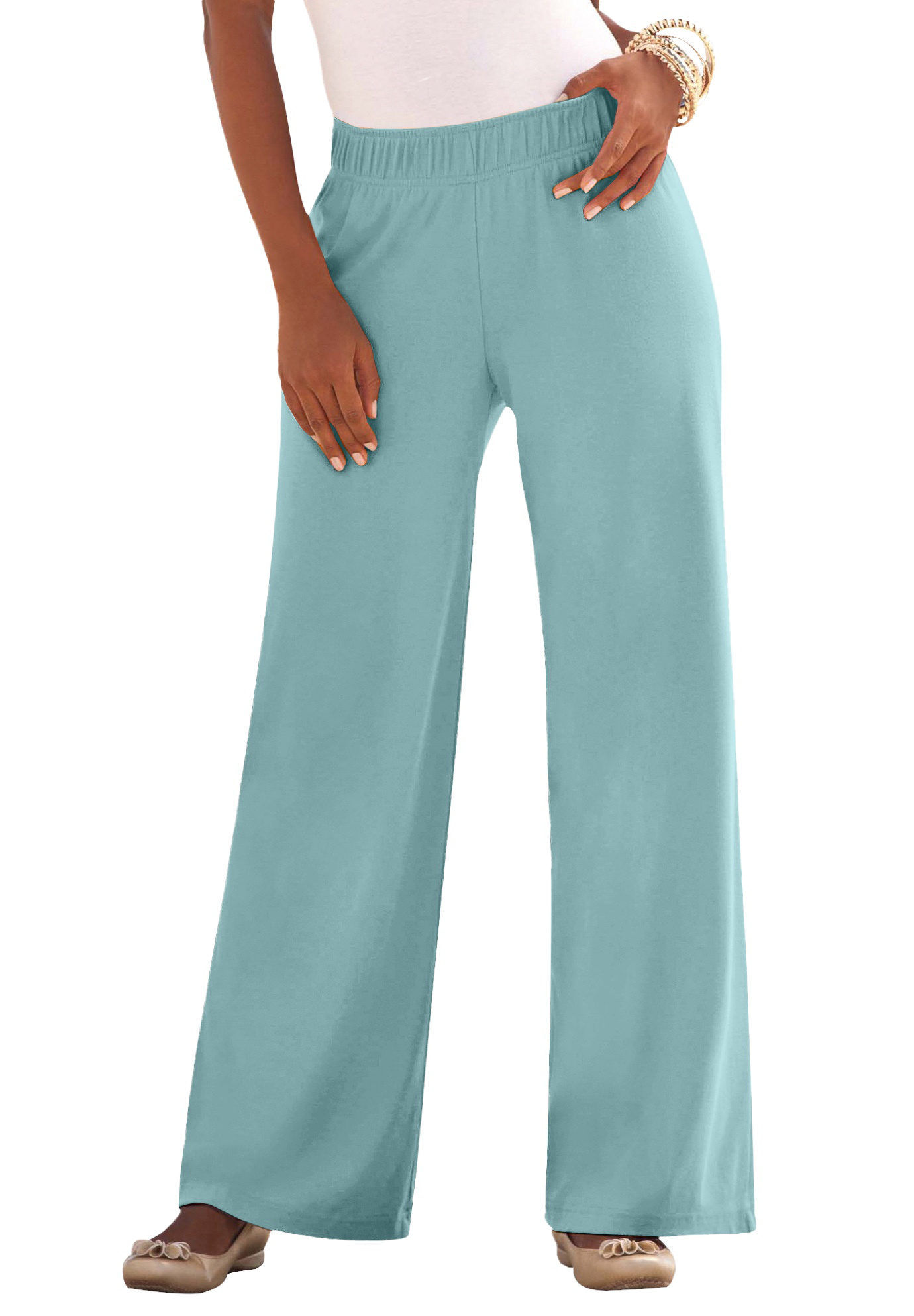 Plus Size Women's Plus Size Pull-On Wide Leg Soft Knit Pant by Roaman's in Cool Sage (Size 4X) Pull On Elastic Waist