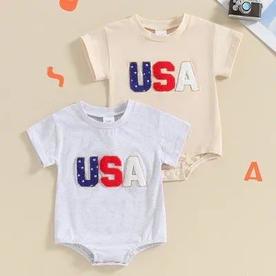 2024-03-07 Lioraitiin Newborn Baby Girls Boys 4th of July Romper O-Neck Short Sleeve Letter