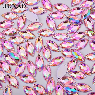 JUNAO 100pc 7*15mm Pink AB Sewing Rhinestones Flat Back Horse Eye Sew On Strass Crystal Loose