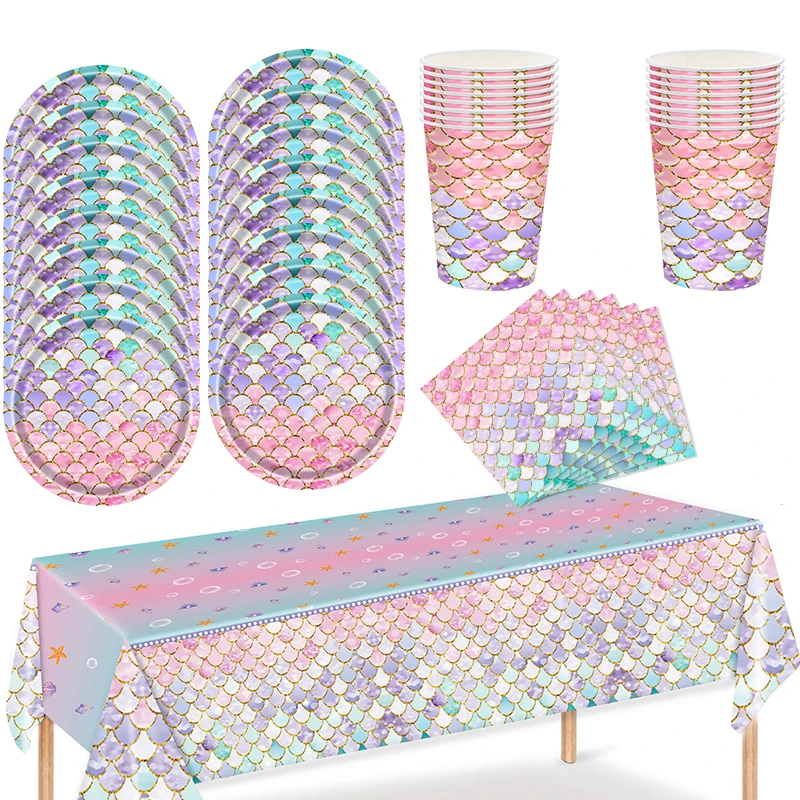Meerjungfrau Einweggeschirr Set Kleine Meerjungfrau Pappteller Tasse Tischdecke Kinder Mädchen Meerjungfrau Geburtstag Party Dekoration Lieferungen Image