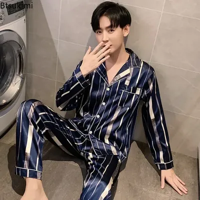 Neue Loungewear Herrenmode Langarm + Hosen Satin Weiche Pyjama Sets Komfort Jacquard Eis Seide Hause Image