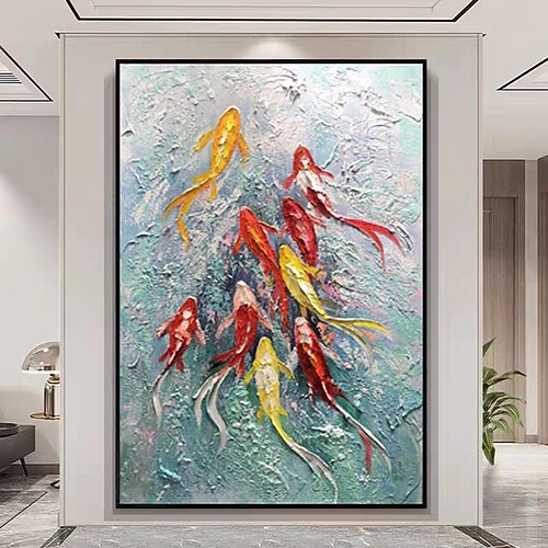 Mintura handgefertigte Ölgemälde mit Koi-Karpfen auf Leinwand, Wandkunst, Dekoration, modernes abstraktes Fisch- und Tierbild für die Inneneinrichtung, gerolltes, rahmenloses, ungedehntes Gemälde Image
