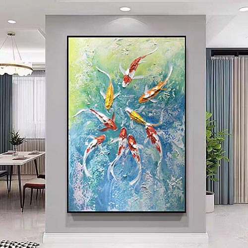 Mintura handgefertigte Ölgemälde mit Koi-Karpfen auf Leinwand, Wandkunst, Dekoration, modernes abstraktes Fisch- und Tierbild für die Inneneinrichtung, gerolltes, rahmenloses, ungedehntes Gemälde Image