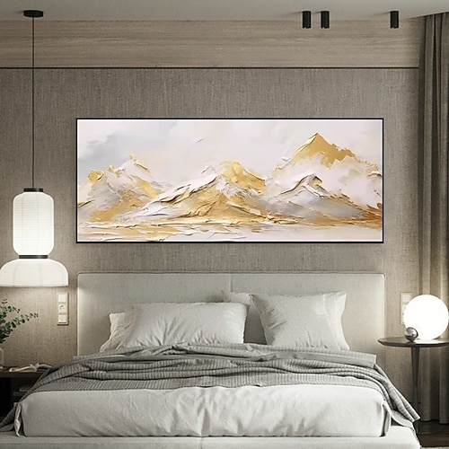 goldenes abstraktes Berggemälde, handgemalt auf Leinwand, strukturiertes abstraktes Ölgemälde, handgemachte Wandkunst, Goldfolie, Boho-Wanddekoration, helles Gemälde, großes modernes Kunstwerk für die Image