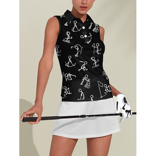 Damen Golf-Poloshirt Schwarz Weiß Ärmellos Oberteil Cartoon Damen-Golfkleidung, Kleidung, Outfits, Kleidung Image