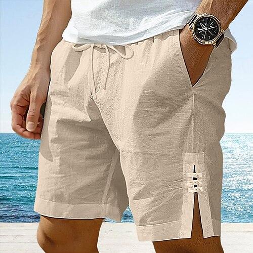 Herren Shorts Kurze Hosen Leinenshorts Kurze Hosen Sommer-Shorts Taste Gespleisst Vordertasche Glatt Komfort Atmungsaktiv Knielänge Party Outdoor Casual Modisch Basic Weiß Marineblau