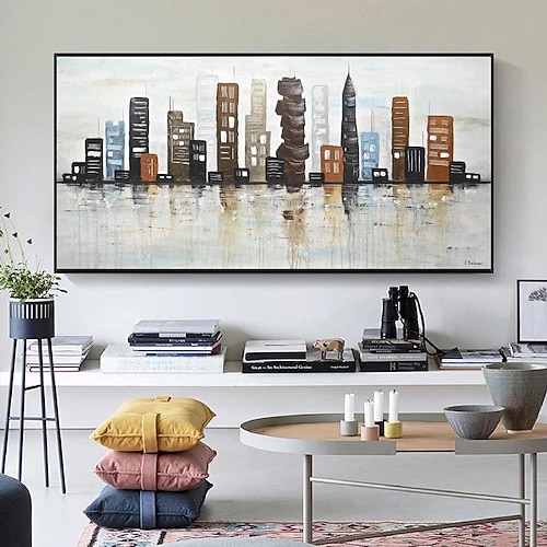 abstraktes Stadtgemälde, handgemalt auf Leinwand, strukturiertes Ölgemälde von New York City, handgefertigte Wandkunst, farbenfrohe Stadtwanddekoration, helles Gemälde, großes modernes Kunstwerk für Image