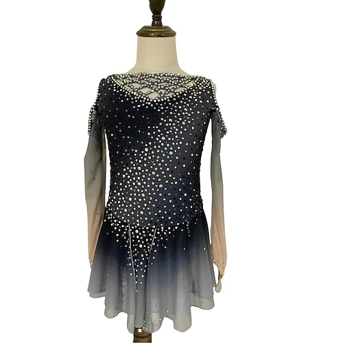 Eiskunstlaufkleid Damen Mädchen Eislaufen Kleider Dunkelgrau Daumenloch Halo-Färbung Gitter Spandex elastisch Ausbildung Praxis Professionell Eiskunstlaufkleidung warm Klassisch Kristalle Langarm Image