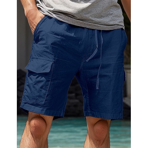 Herren Shorts Leinenshorts Sommershorts Fronttasche Gerader Schnitt Cargotasche Einfach Komfort Atmungsaktiv Knielang Outdoor Urlaub Party Mode Basic Weiß Marineblau Image