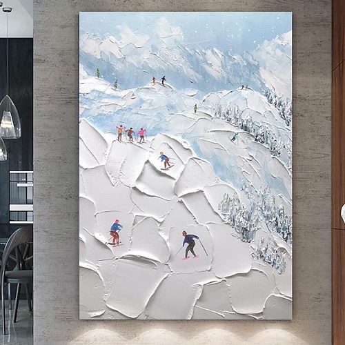 Original Skisport Gemälde auf Leinwand individuelles Gemälde Struktur Wandkunst personalisiertes Geschenk Skifahrer auf schneebedeckten Bergen Kunst weißer Schnee Skikunst kein Rahmen Image