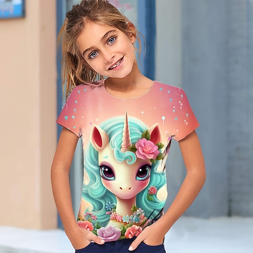Mädchen 3D Graphic Karikatur Einhorn T-Shirt Kurzarm 3D-Druck Sommer Frühling Aktiv Modisch Kuschelig Polyester kinderkleidung 3-12 Jahre Outdoor Casual Täglich Regular Fit Image
