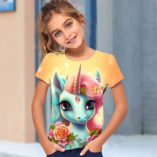 Mädchen 3D Graphic Karikatur Einhorn T-Shirt Kurzarm 3D-Druck Sommer Frühling Aktiv Modisch Kuschelig Polyester kinderkleidung 3-12 Jahre Outdoor Casual Täglich Regular Fit Image