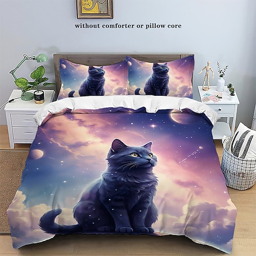 Sternenhimmel Schwarze Nachtkatze Bettbezug 3-teiliges Set Plüschtuch Leichtes und weiches Kurzflausch-Set für den Sommer Image