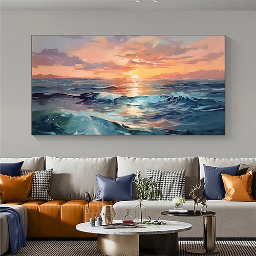 Handgefertigtes Ölgemälde auf Leinwand, Wandkunst, Dekor, originale Meereslandschaft, Kunst, Sonnenuntergang, für Heimdekoration, mit gespanntem Rahmen, ohne Gemälde im Innenrahmen Image