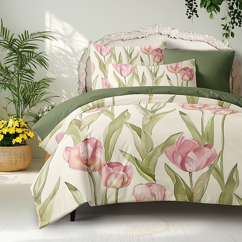 3-teiliges Bettbezug-Set aus 100 % Baumwolle mit Blumenmuster für den Sommer, weich, hautfreundlich und langlebig Image