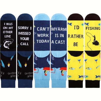 TEMU 3 Paris/6 Pairs Men's Fishing-themed Crew Socks - Fun, Funky, And Novelty Cool Socks For Dress Or Casual Wear