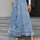 Blue Ruffle Hem Denim Midi Skirt, Single Breasted Button Washed Elegant Denim Skirt, Women's Denim Clothing