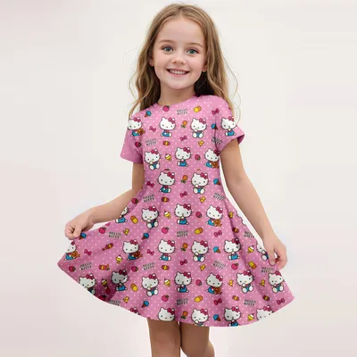 Summer New Children's Clothing HelloKitty Printed Short-Sleeved Dress 3-14 Years Old Girls Casual
