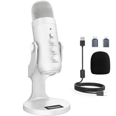 Haomuren Professional White USB Condenser Microphone Studio Recording Mic for PC Computer Phone Gaming Streaming Podcast Youtube