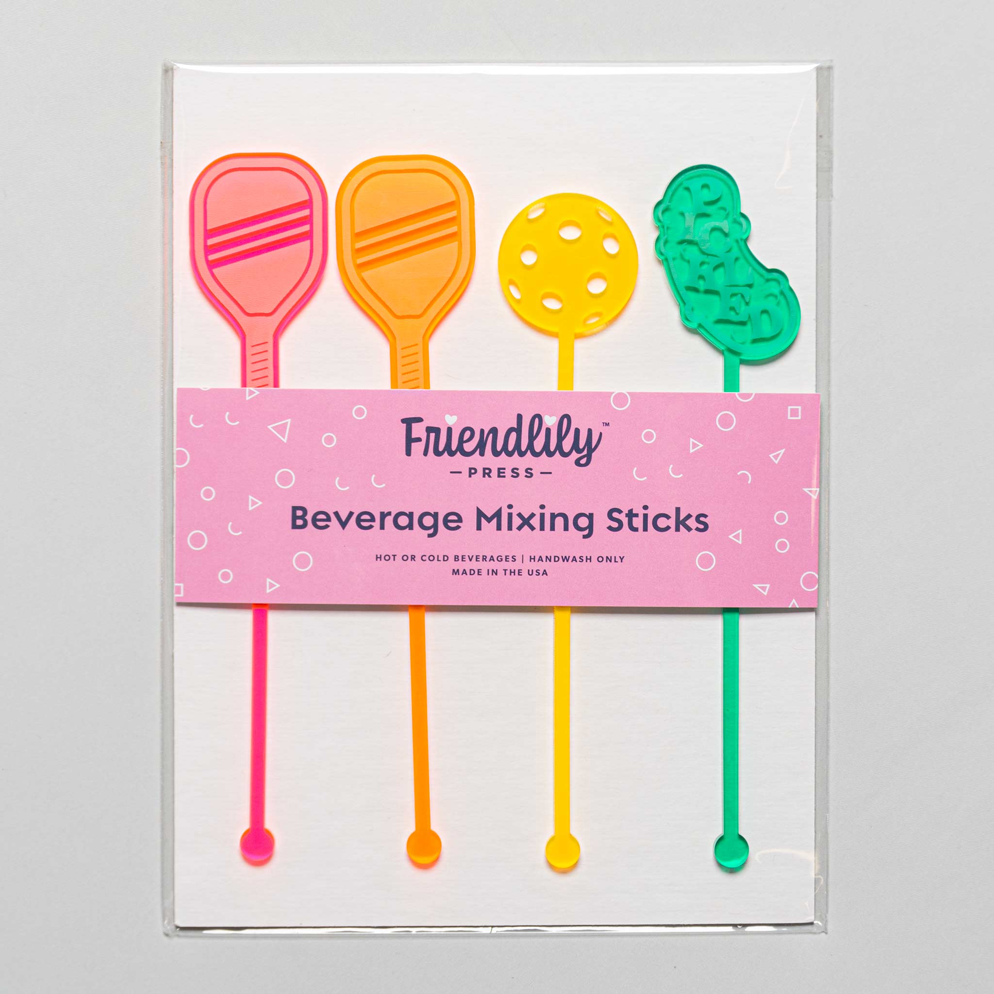 Friendlily Press Pickleball Acrylic Drink Stirrer Set Tennis Gifts & Novelties 2 Paddles, Ball and Pickle - Friendlily Press
