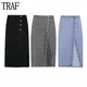 TRAF 2024 Denim Midi Skirt Women High Waist Jeans Skirts for Women Summer Button Long Skirt Woman