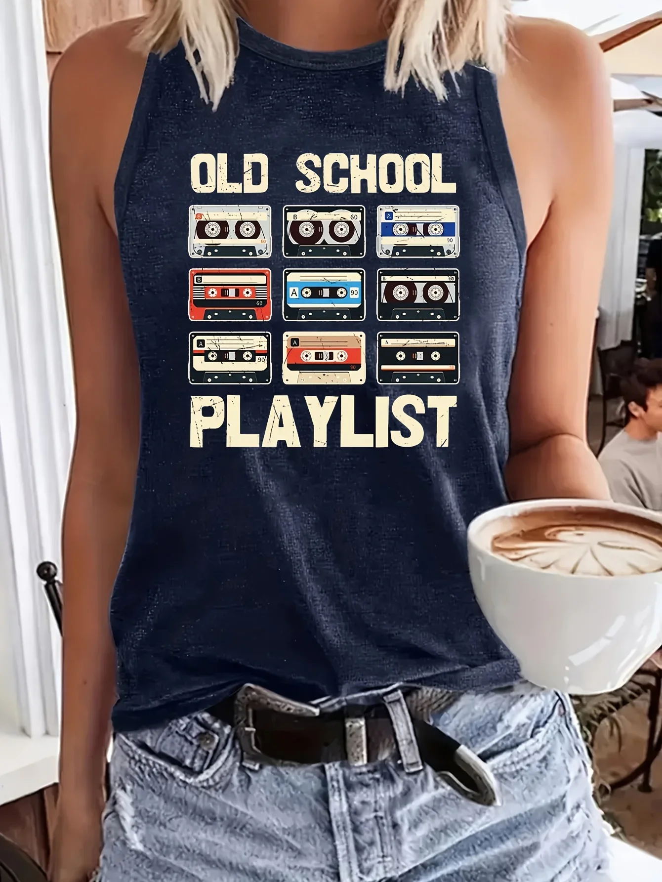 Tape & Letter Print Tank Top, Casual Sleeveless Tank Top For Summer, Women's Clothing