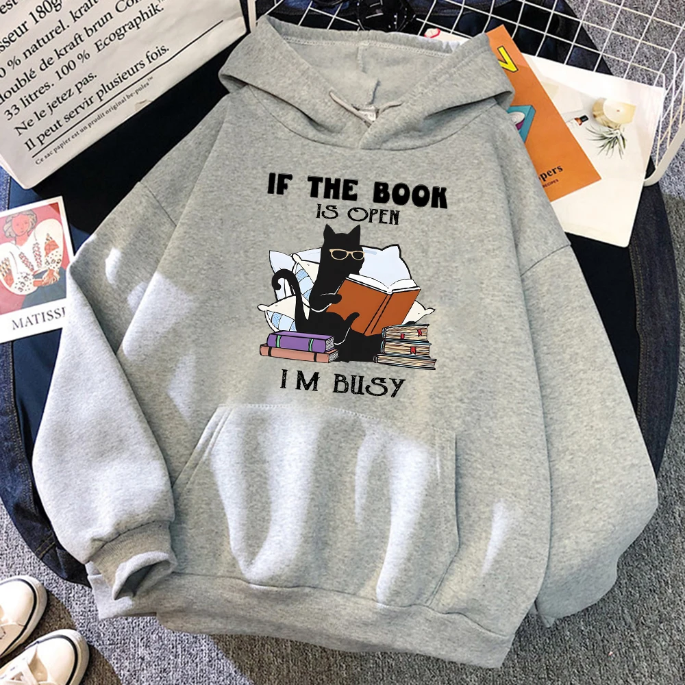 If The Book Is Open I'm Busy Black Cat Hoody Women Casual Crewneck Hoodies Fashion Loose Clothes Fleece Pullover Sweatshirt