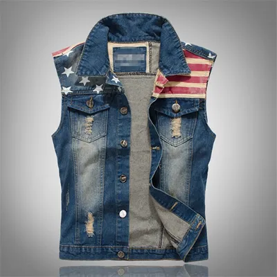 2024 Cotton Jeans Sleeveless Jacket Men's Dark Blue Denim Jeans Vest Men Cowboy Ripped Denim Spring