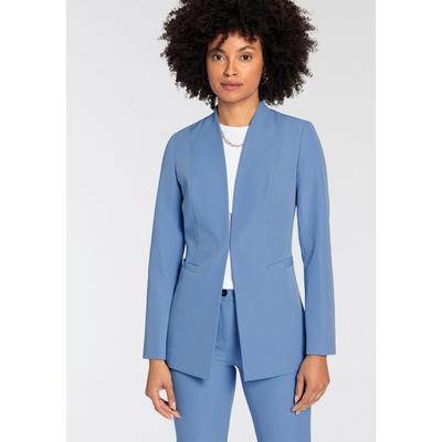 Longblazer TAMARIS, Damen, Gr. 38, blau (hellblau), Web, Obermaterial: 93% Polyester, 7% Elasthan. Futter: 100% Polyester, feminin, figurbetont Po-bedeckend, tiefer V-Ausschnitt, Langarm, Blazer, mit Häckenverschluss vorne - NEUE KOLLEKTION Image