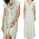 Free People Dresses | Free People Mia Ruffled Maxi Dress Tiered High Low V Neck Cap Sleeves Beige Xs | Color: Tan | Size: Xs