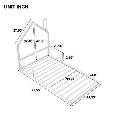 Twin Size Metal Floor Bed with House-shaped Headboard, White