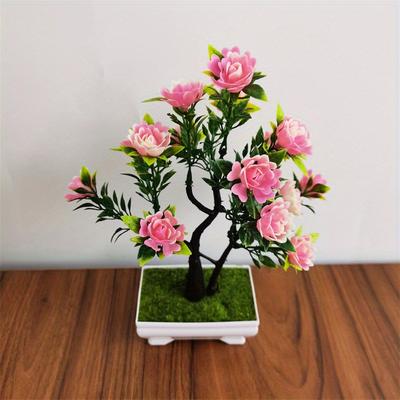 1pc Artificial Plant Bonsai, Faux Rose Flower Plastic Pot, Indoor Home Desktop Decor, Aesthetic Room Decor, Home Decor