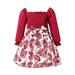 JHLZHS Toddler Formal Dress for Girls 10-12 Gold Girls Long Sleeve Dresses Square Neck Smocked Ruffle Floral Patchwork Dress Birthday Dress for Girls 4T Red 6