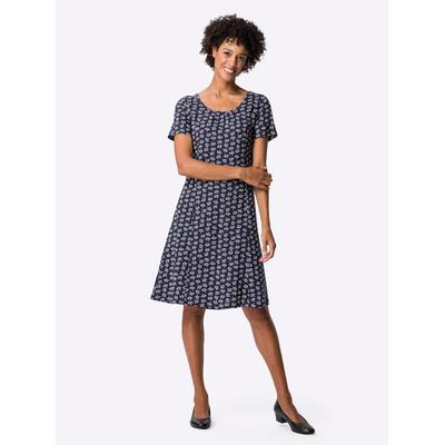 Jerseykleid CLASSIC BASICS "Jersey-Kleid", Damen, Gr. 48, Normalgrößen, blau (marine, ecru, bedruckt), Jersey, Single Jersey, 100% Baumwolle, gemustert, mehrfarbig, bedruckt, knielang, Kurzarm, Kleider Image