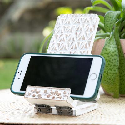 'Hand-Carved Wood Phone Stand with Distressed Finish'