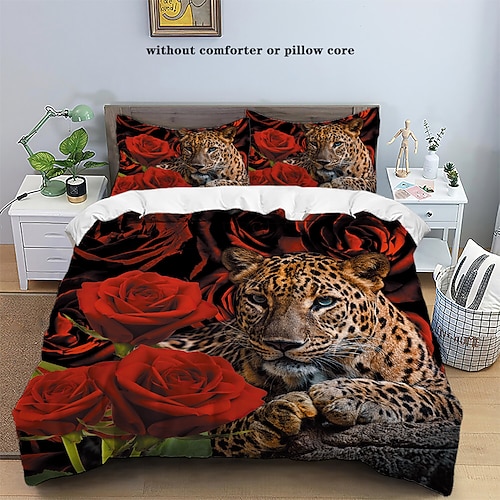 3-teiliges Bettbezug-Set mit Gepardenmuster aus 100 % Baumwolle, 3D-bedruckte Steppdecke, Queen-Size-Bettwäscheset mit Jagdtier-Steppdecke, geeignet für Kinder, Jungen und Herrenzimmerdekoration, Image