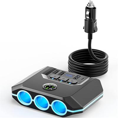 High-Power 120W 7-in-1 Car Charger with 3 Sockets and 4 USB Ports - Individual Switches LED Voltage Display for Efficient Multi-Device Charging