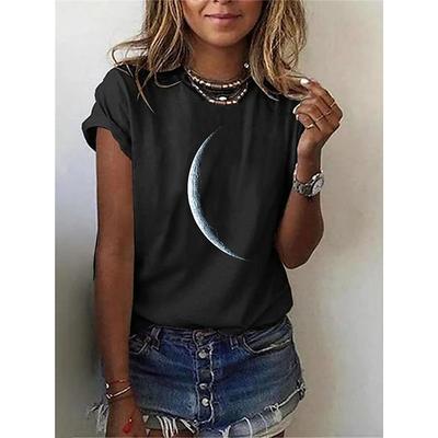 Women's T Shirt Galaxy Moon Basic Short Sleeve Round Neck Regular Tops Casual Daily Black