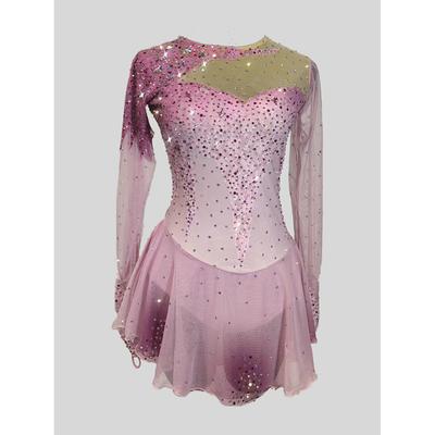 Figure Skating Dress Women's Girls' Ice Skating Dress Pink Patchwork Thumbhole Mesh Spandex Stretchy Training Practice Professional Skating Wear Thermal Warm Crystal / Rhinestone Long Sleeve Ice