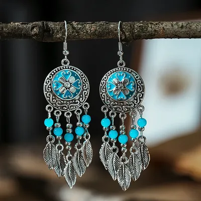 Ethnic Bohemian Enamel Heart Flower Drop Earrings For Women Beads Handmade Leaf Vintage Silver Color