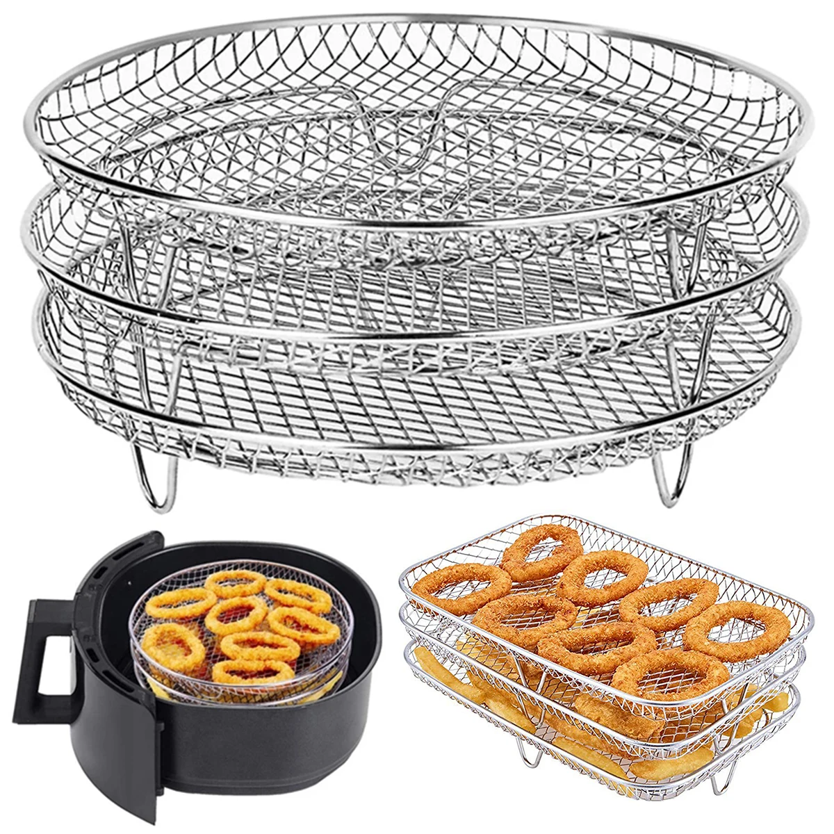 3-stufiger Luftfritteusenständer, Dörrständer, Kochgeschirr, Dampfgarer, Kochen, Backen, Topfständer, Küchenhelfer, Backform, BBQ, Grillkocher Image