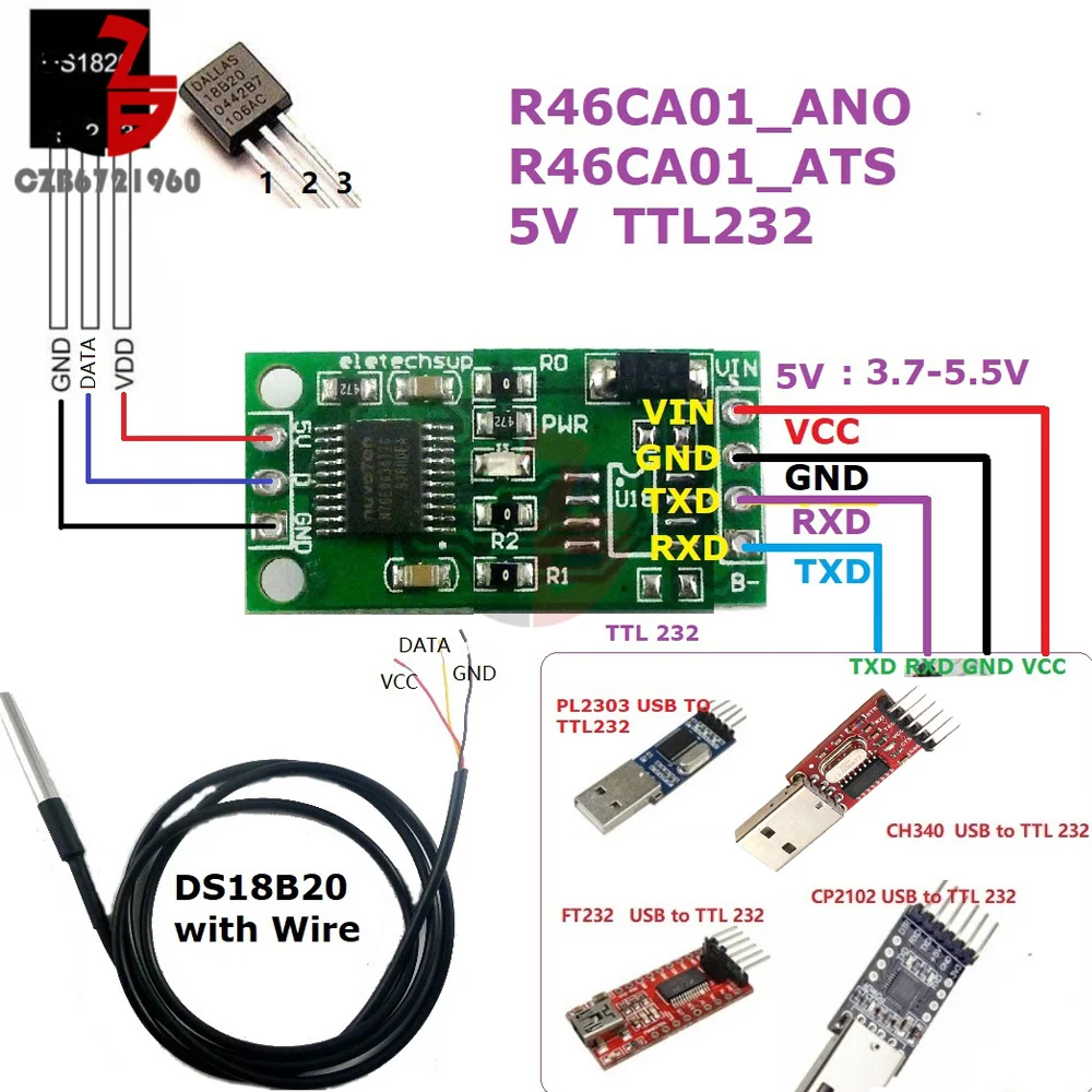 DC 5V 12V DS18B20 RS485 RS232 TTL Com UART Temperaturerfassungssensor Modbus RTU für Arduino PC PLC MCU Erfassungsmodul Image