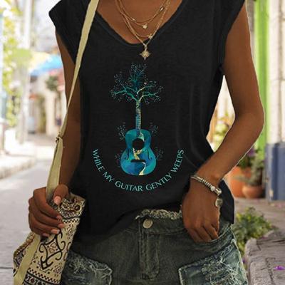 TEMU Guitar Print Top, Casual V Neck Top For Summer, Women's Clothing Image