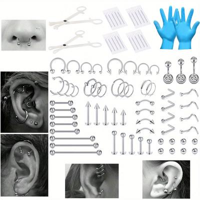 69pcs Minimalist Style Piercing Kit, 316l Stainless Steel, Professional Body Piercing Set For Nose, Septum, Cartilage, Tragus, Earrings, Belly, Nipple, Tongue, Lip Rings With Gloves And Tools